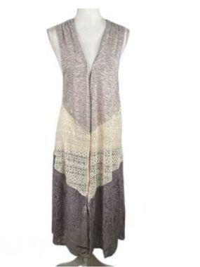 Democracy Taupe, Cream & Charcoal Lace-Trim Sleeveless Cardigan